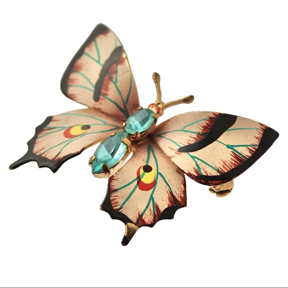 Vintage Czechoslovakia Butterfly Brooch Hand Painted Enamel Aqua Blue Rhinestone - Picture 2 of 4